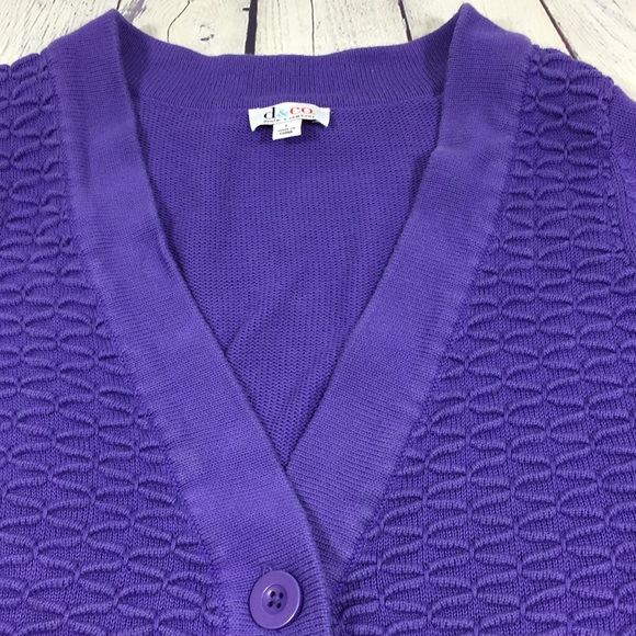 D & Co Sweater Women Size L Purple Open Large Button Mixed Design 100% Cotton - Picture 4 of 7